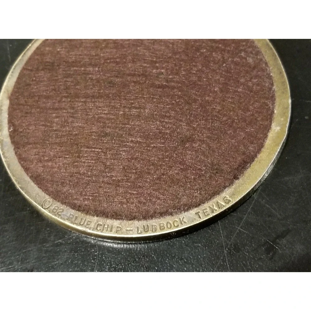 Rare Vintage1982 Blue Chip Lubbock Texas Metal Bronze Coasters Set of 6 w Holder
